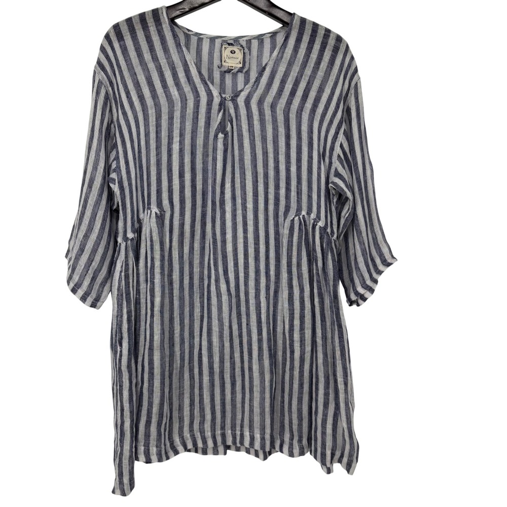 Namsar 100% Linen Striped Tunic‎ Top S/M Blue White Oversized Lagenlook Coastal